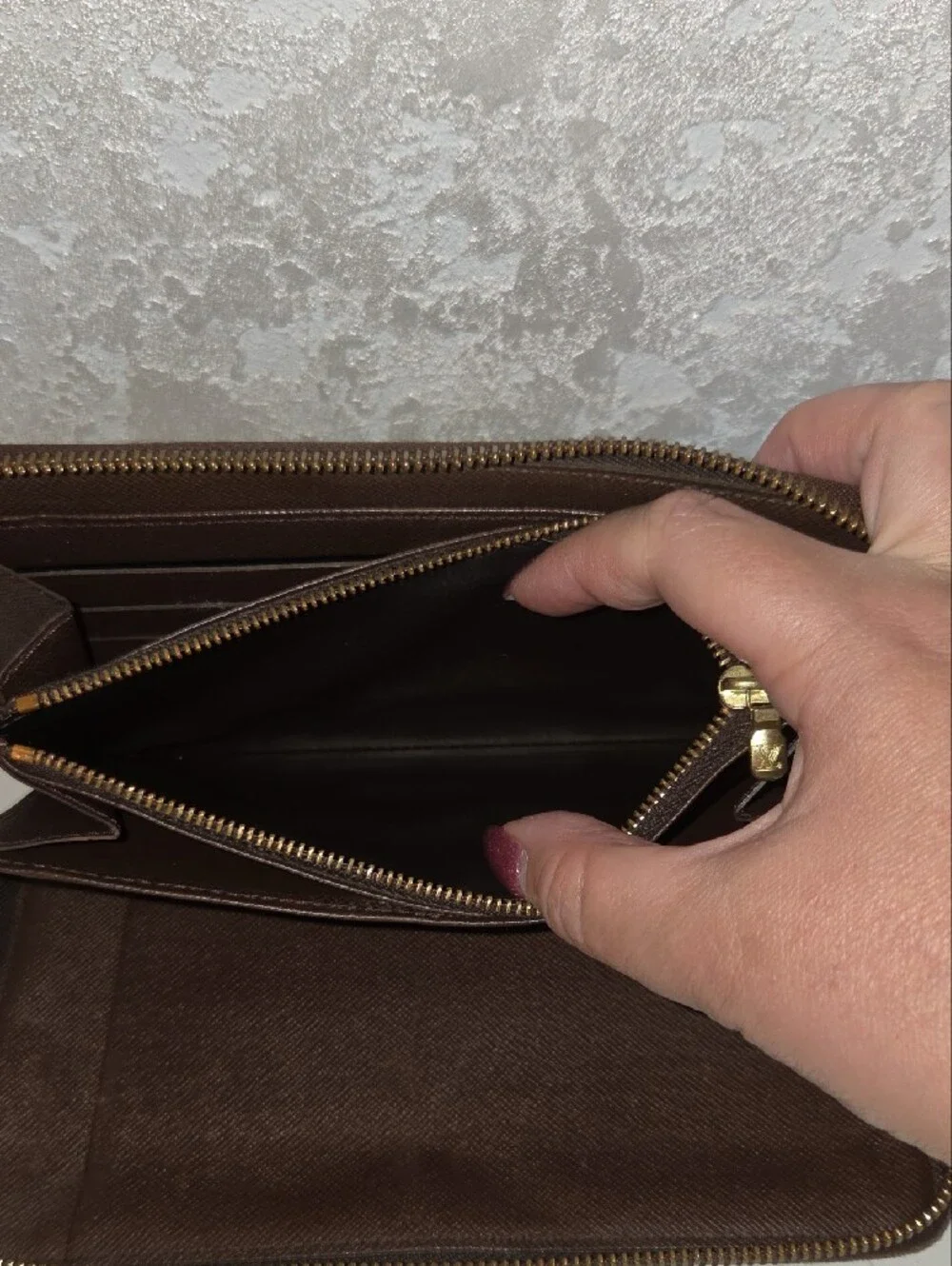 Louis Vuitton Brown Textured Leather Wallet Organazer with Red Logo Stamp